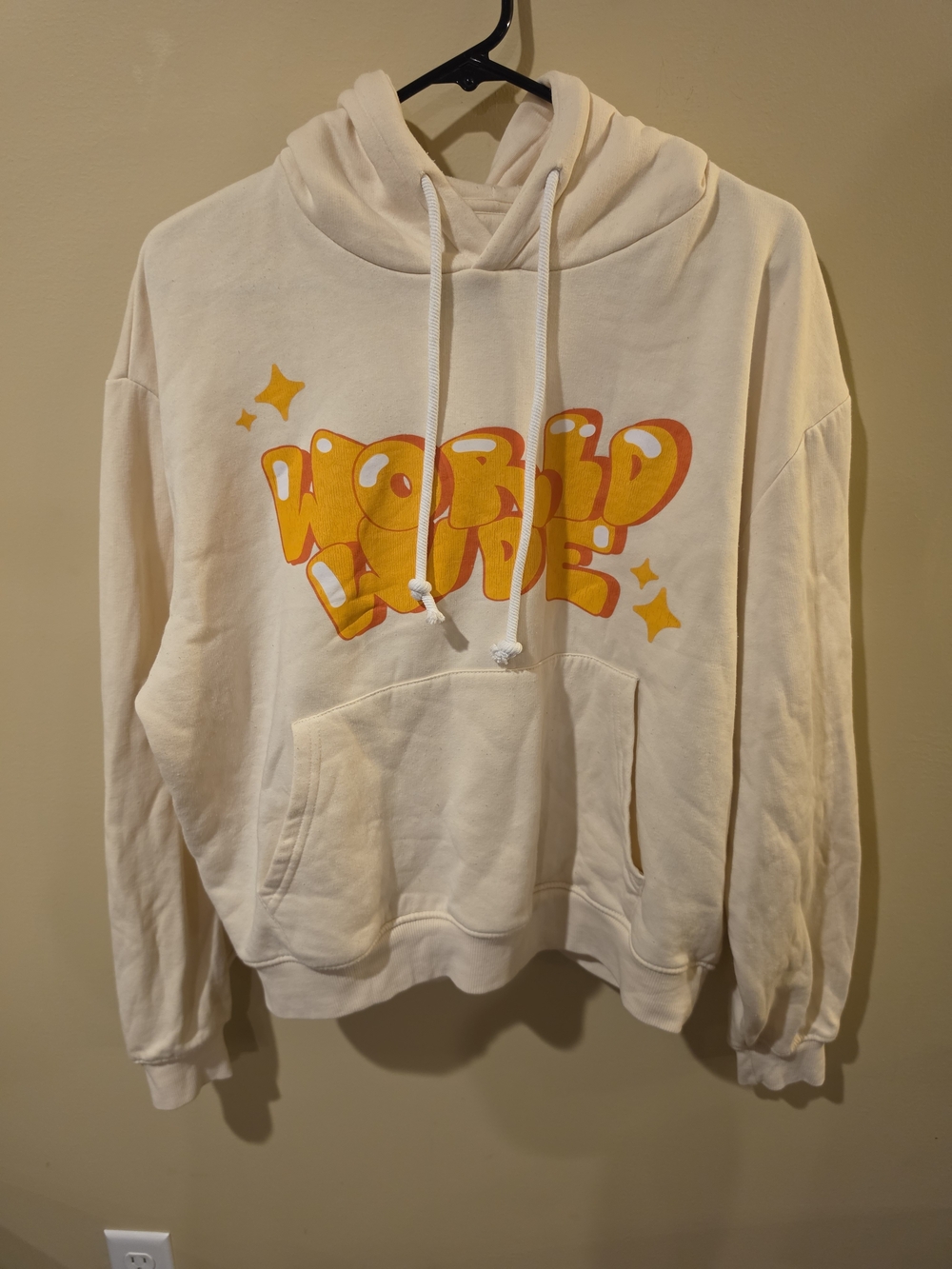 Boohooman Cream "World Wide" Graphic Hoodie Sweater with Yellow-Orange Print